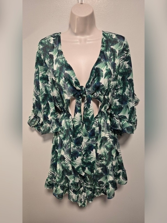 miami Pants - Miami Size Small Tropical Leaf Print Tie-Front Romper - Green Leaf 🌞